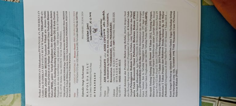 Penasehat PWI Dumai Armen Johar Dilaporkan ke Polda Riau, Soal Peryataanya di Akun Facebook Terlibat Aktivitas CPO Ilegal